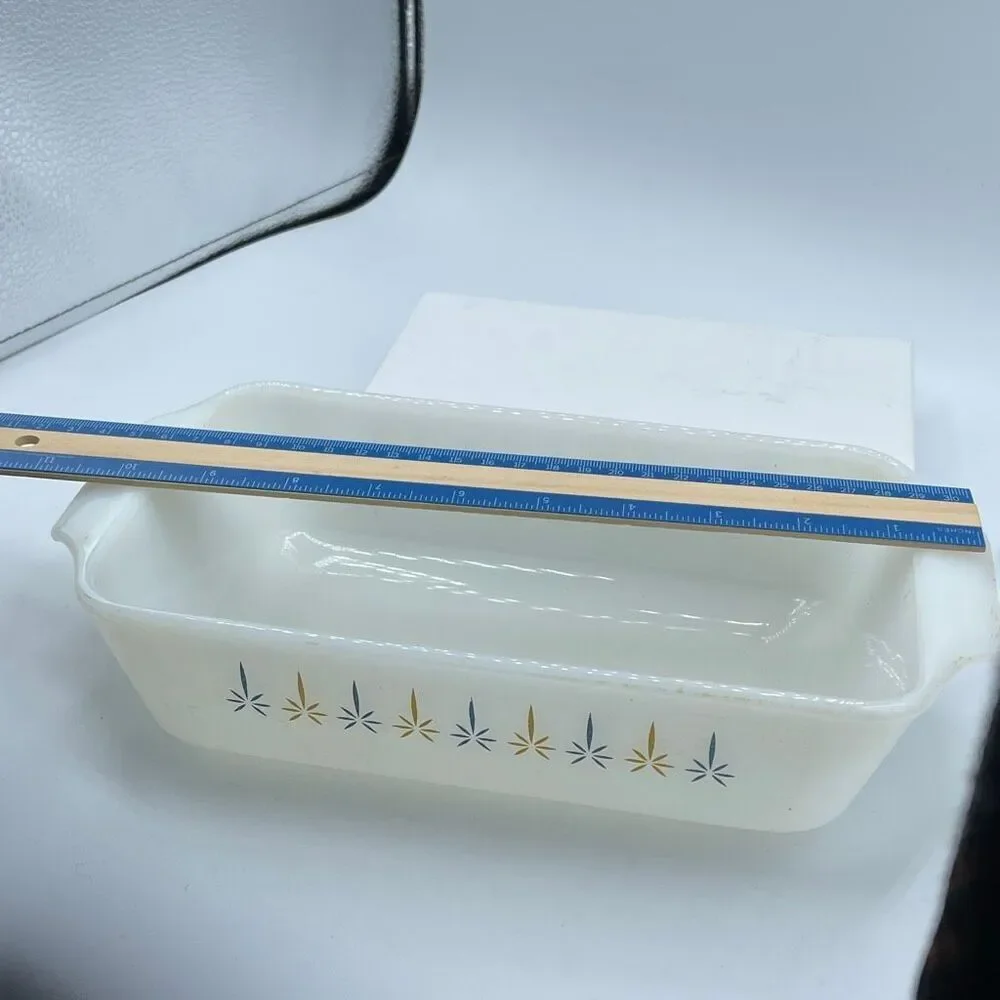 Vintage Fire-King loaf pan “Candle Glow” pattern Anchor Hoking 1960.